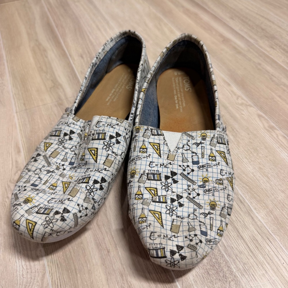 Toms Science Math STEM Print Canvas‎ Slip On Alpargata Shoes White Womens 8.5